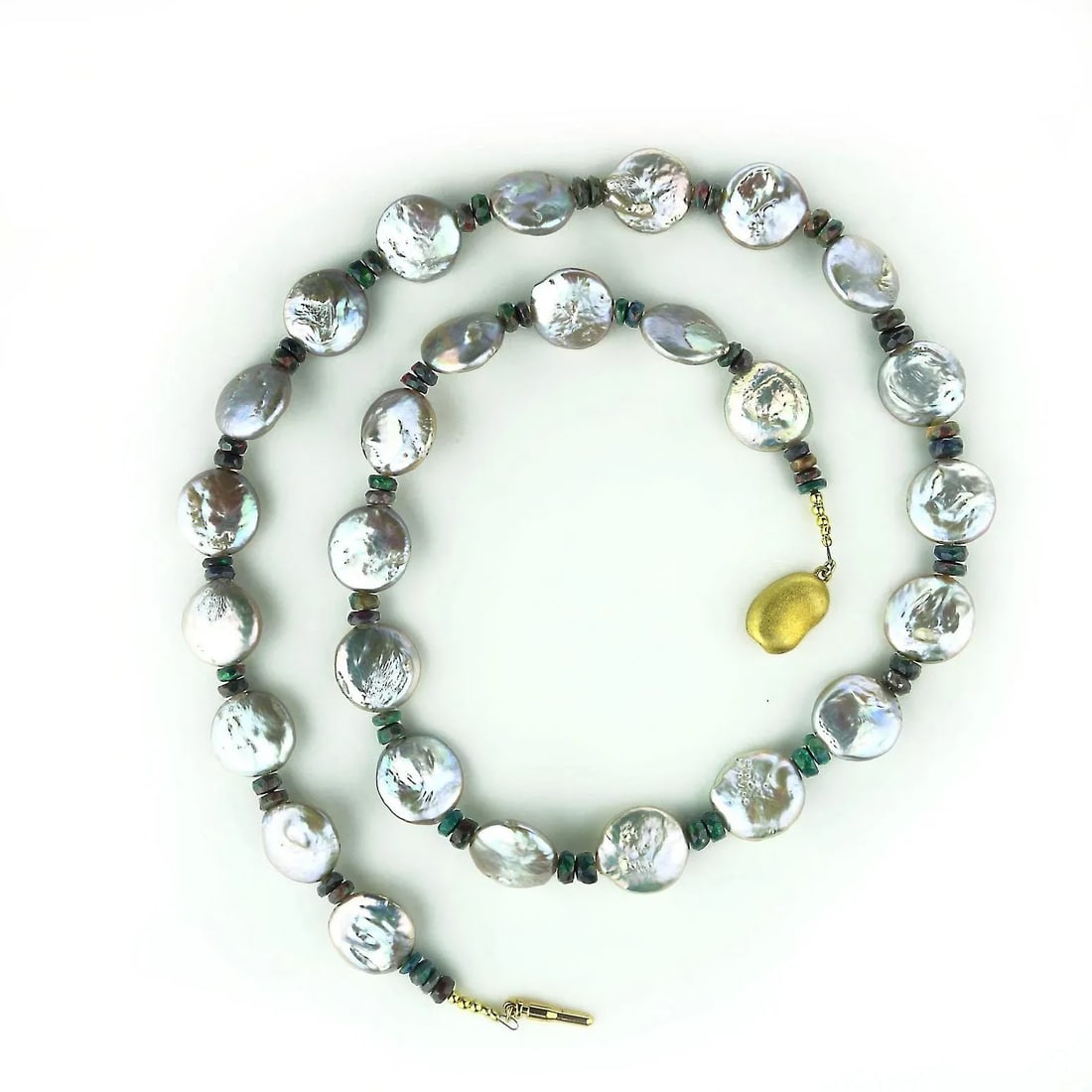 Silvery Coin Pearls and Black Opal Necklace June Birthstone - 4