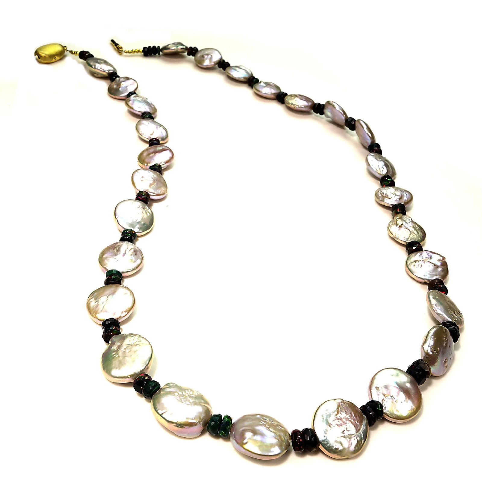 Silvery Coin Pearls and Black Opal Necklace June Birthstone - 5
