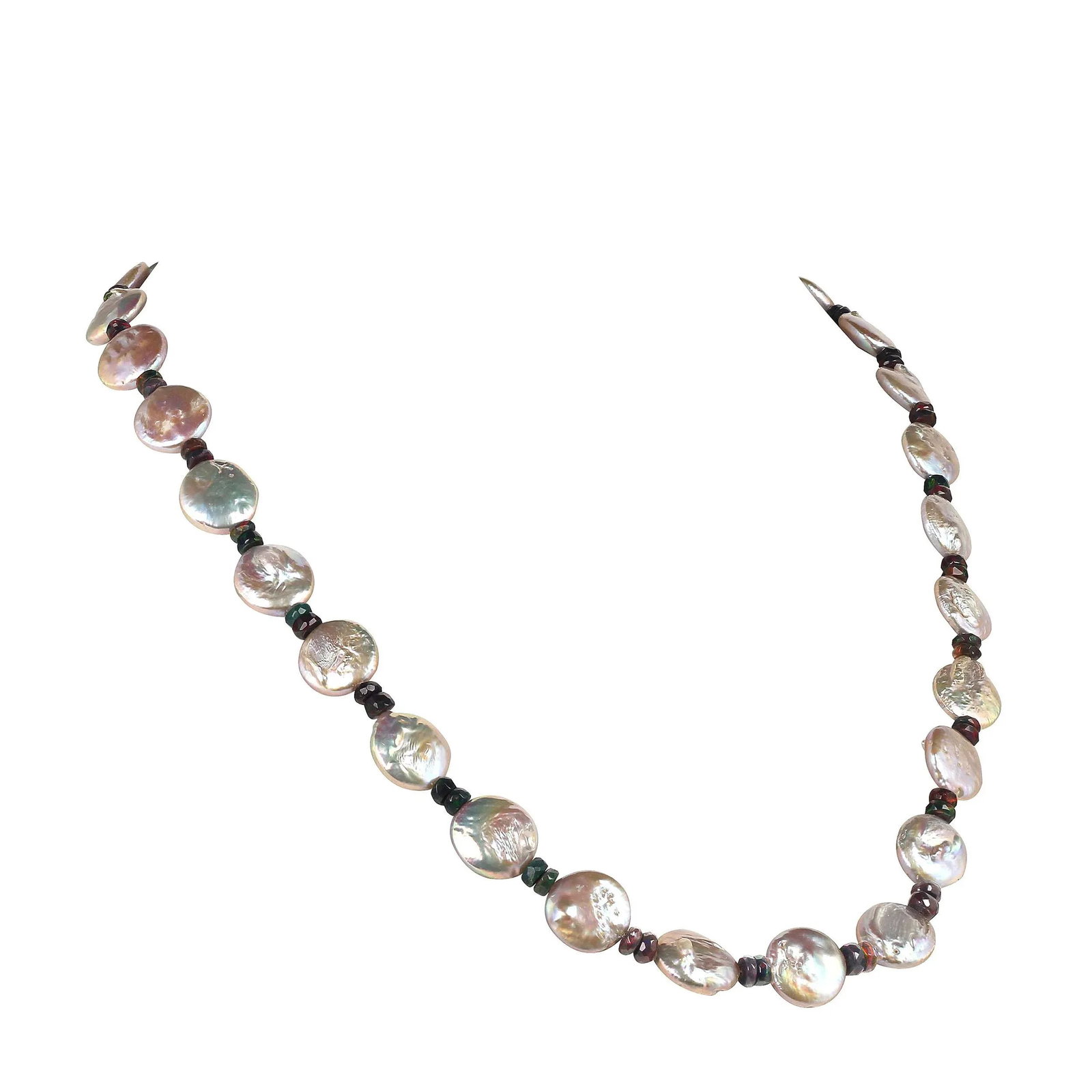Silvery Coin Pearls and Black Opal Necklace June Birthstone - 7