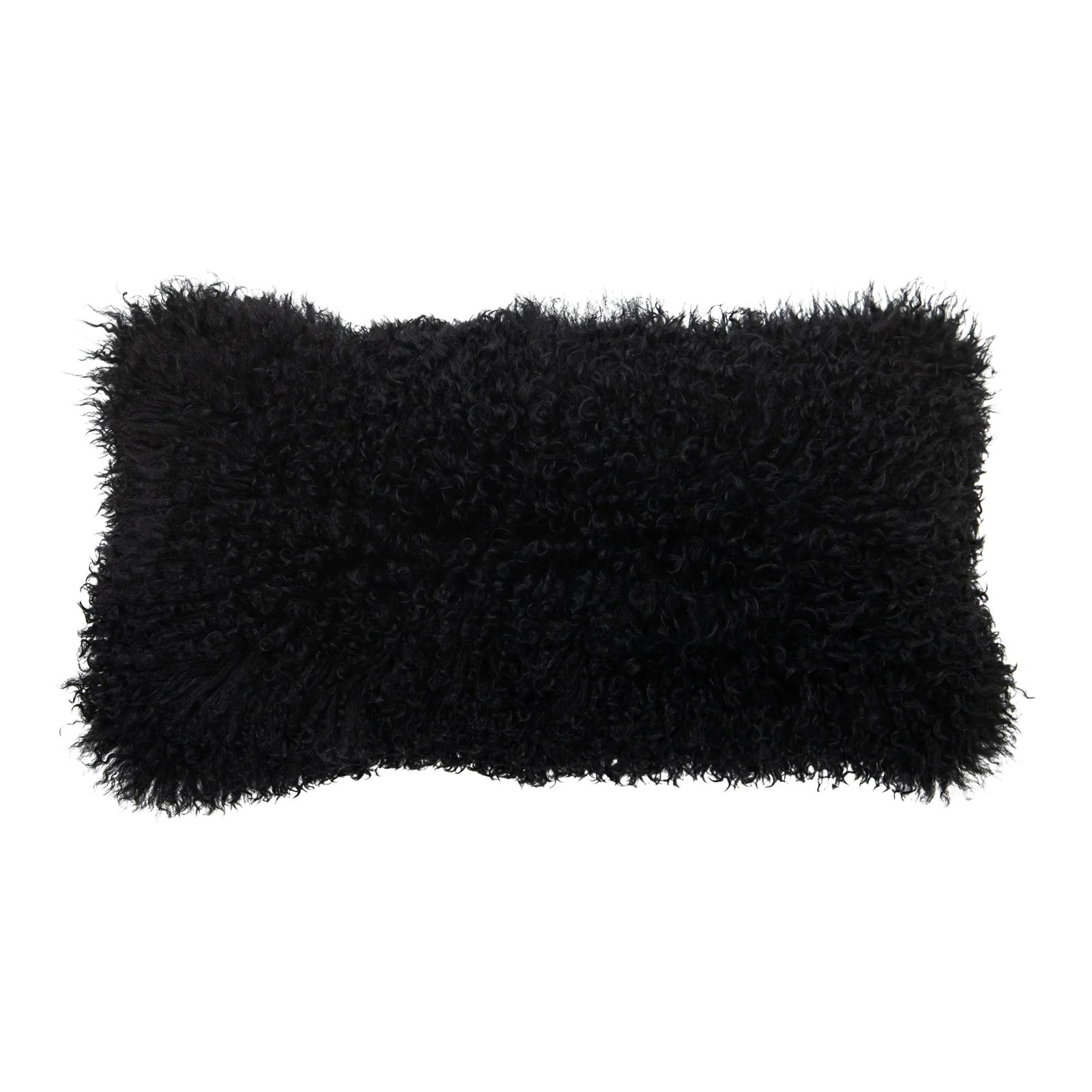 Modern Mongolian Lamb Fur Single Side Pillow in Black: Enhance your home decor with the Modern Mongolian Lamb Fur Single Side Pillow. Designed with meticulous care and crafted from luxurious materials, this hand-made 12" x 24" pillow features a sleek, sol