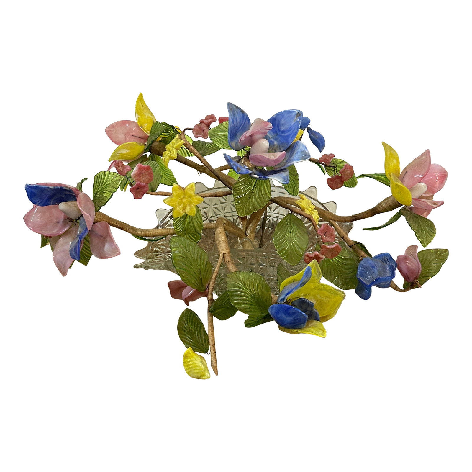 1970s Glass Murano Style Floral Arrangement Centerpiece Lamp: Up for consideration is a beautiful glass floral lamp centerpiece. This would look lovely in your home and it is a great find for the interior design enthusiast. Please check out my other listings!