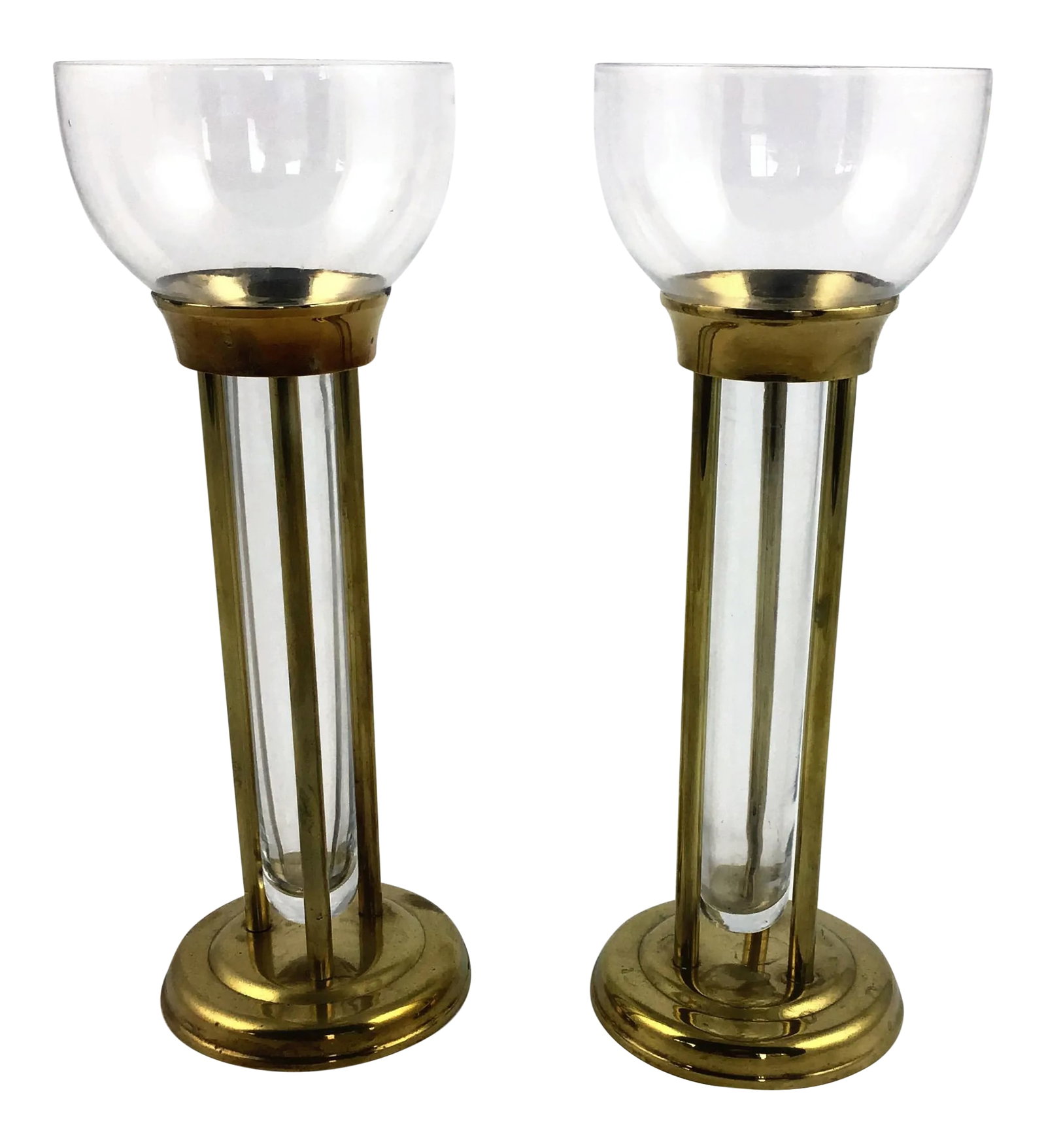 1960s Mid-Century Modern Glass and Brass Vases or Candle Holders - a Pair: Such a unique set of multiple use decorative objects. I have not seen anything like these before. Imagine a beautiful rose bud or two in each holder. Or how about a candle? What if you are celebrating