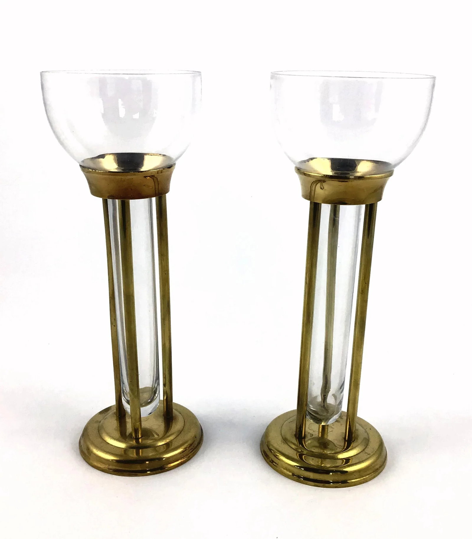 1960s Mid-Century Modern Glass and Brass Vases or Candle Holders - a Pair - 2