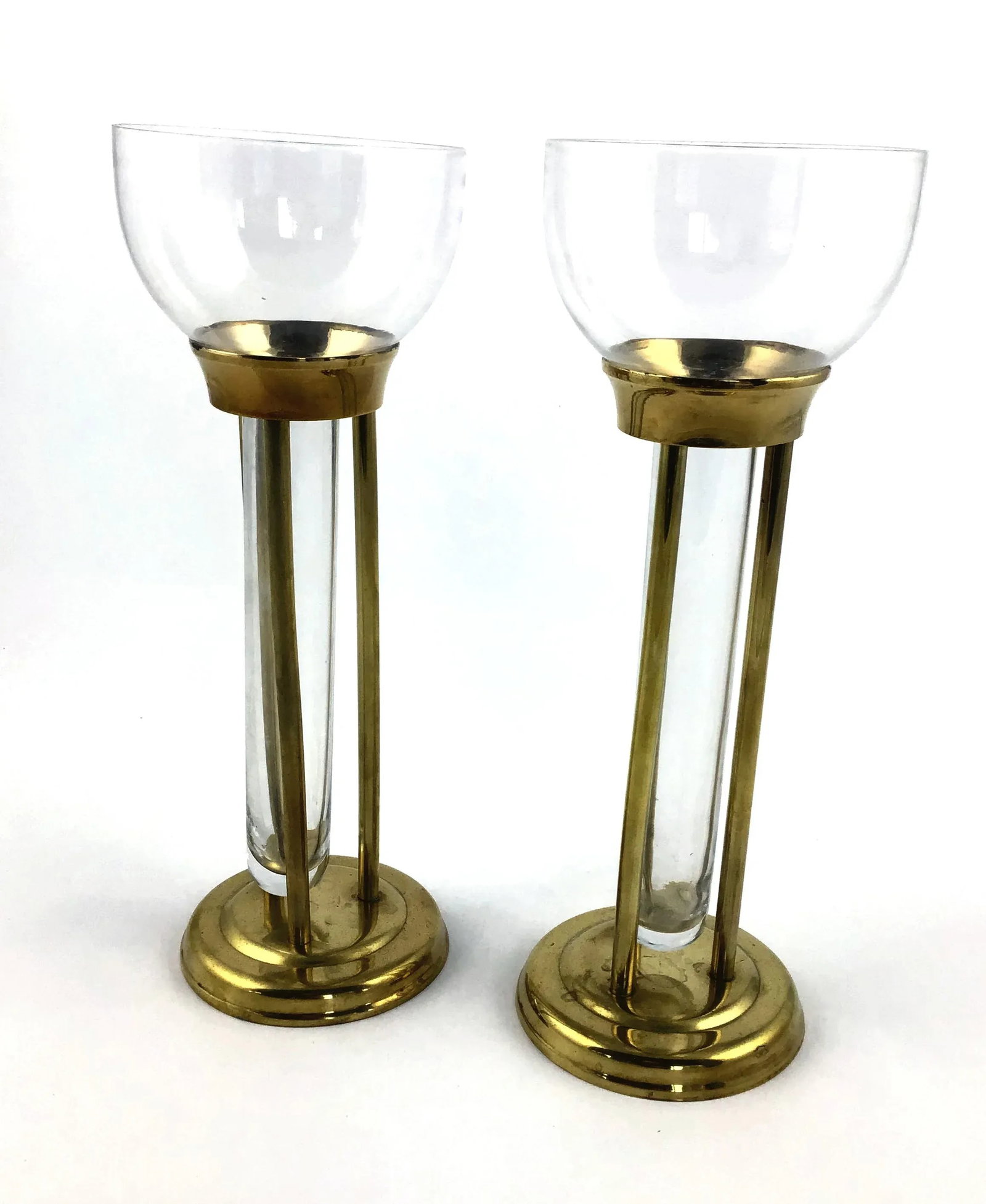1960s Mid-Century Modern Glass and Brass Vases or Candle Holders - a Pair - 4