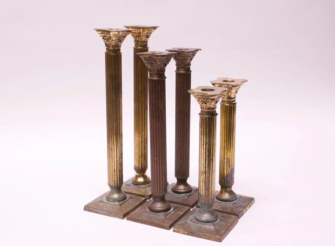 Vintage Patinated Brass Candlesticks - Set of 6 - 13