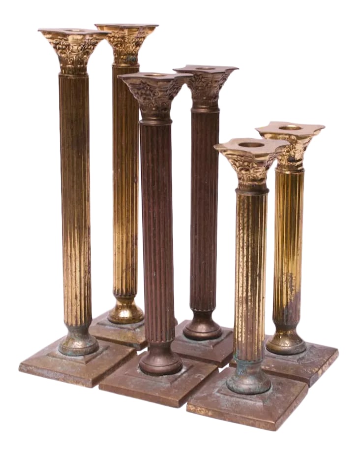 Vintage Patinated Brass Candlesticks - Set of 6 (1 of 13)