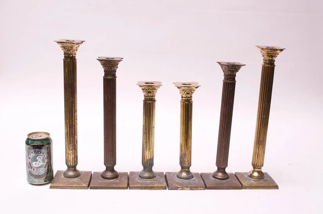 Vintage Patinated Brass Candlesticks - Set of 6 - 3