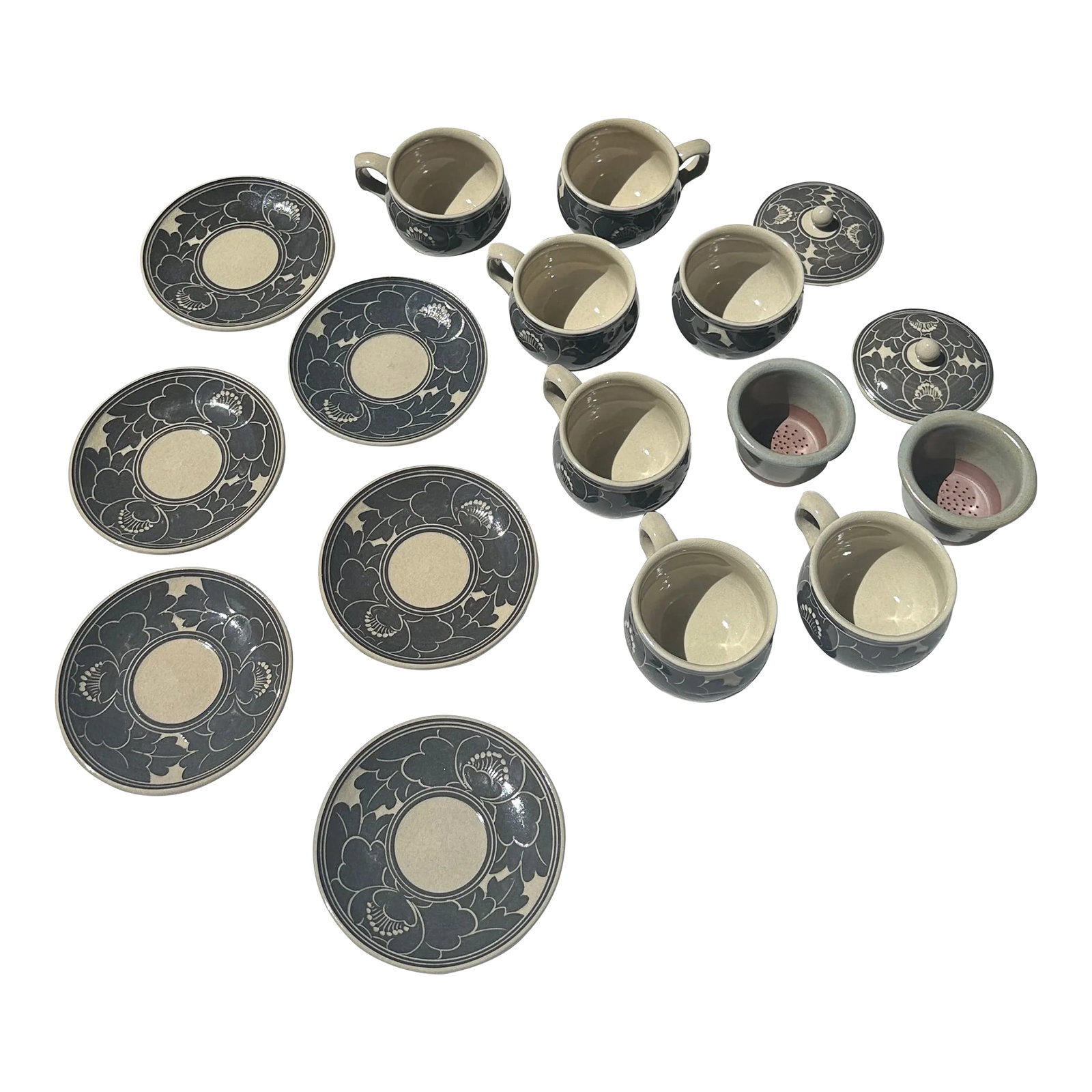 1970s Japanese Pottery Tea Cup and Saucers Set- 17 Pieces: Up for consideration is a beautiful collection of Japanese pottery tea cup set. These would look lovely in your home and they are a great find for the interior design enthusiast. Please check out my o