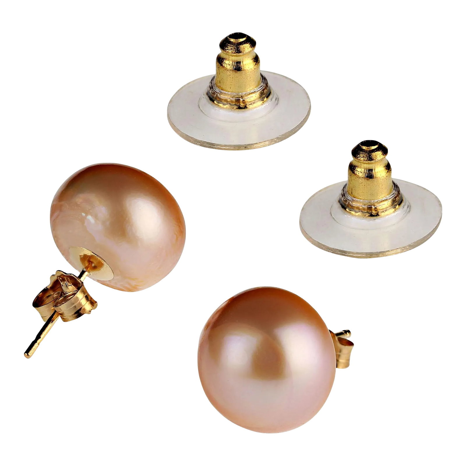 Ajd Bronzy Pearl Studs With 14k Yellow Gold - 2 Pieces: This is part of Chairish's Fine Jewelry assortment. Classic 10mm Pearl Stud Earrings - Luxurious Iridescent Pearls with 14K Yellow Gold Posts Elevate your jewelry collection with these timeless 10mm