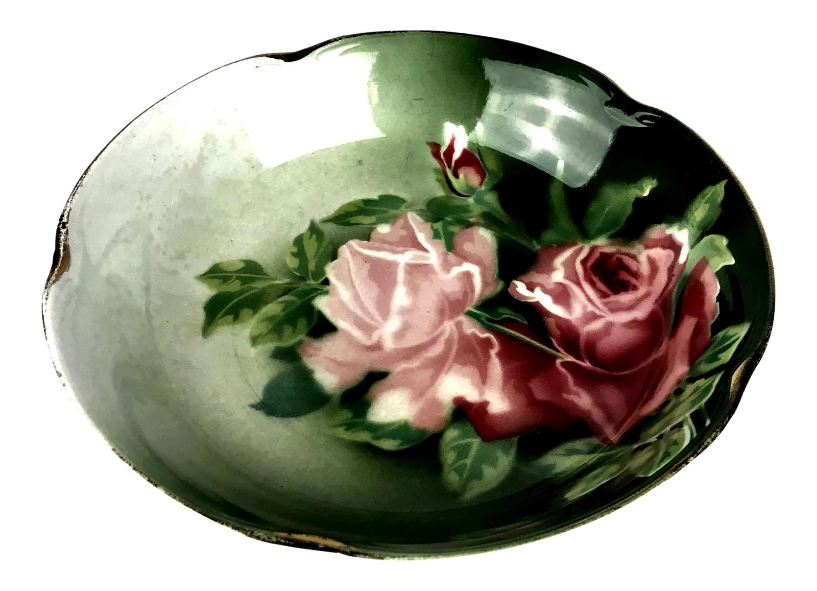 1800s Hand Painted Rose Pattern Serving Bowl: A beautiful design of roses theme with soft pastel pinks and greens. Made in France by the famous porcelain company K&G. Luneville, France. Condition: Alterations: Original Condition Unaltered