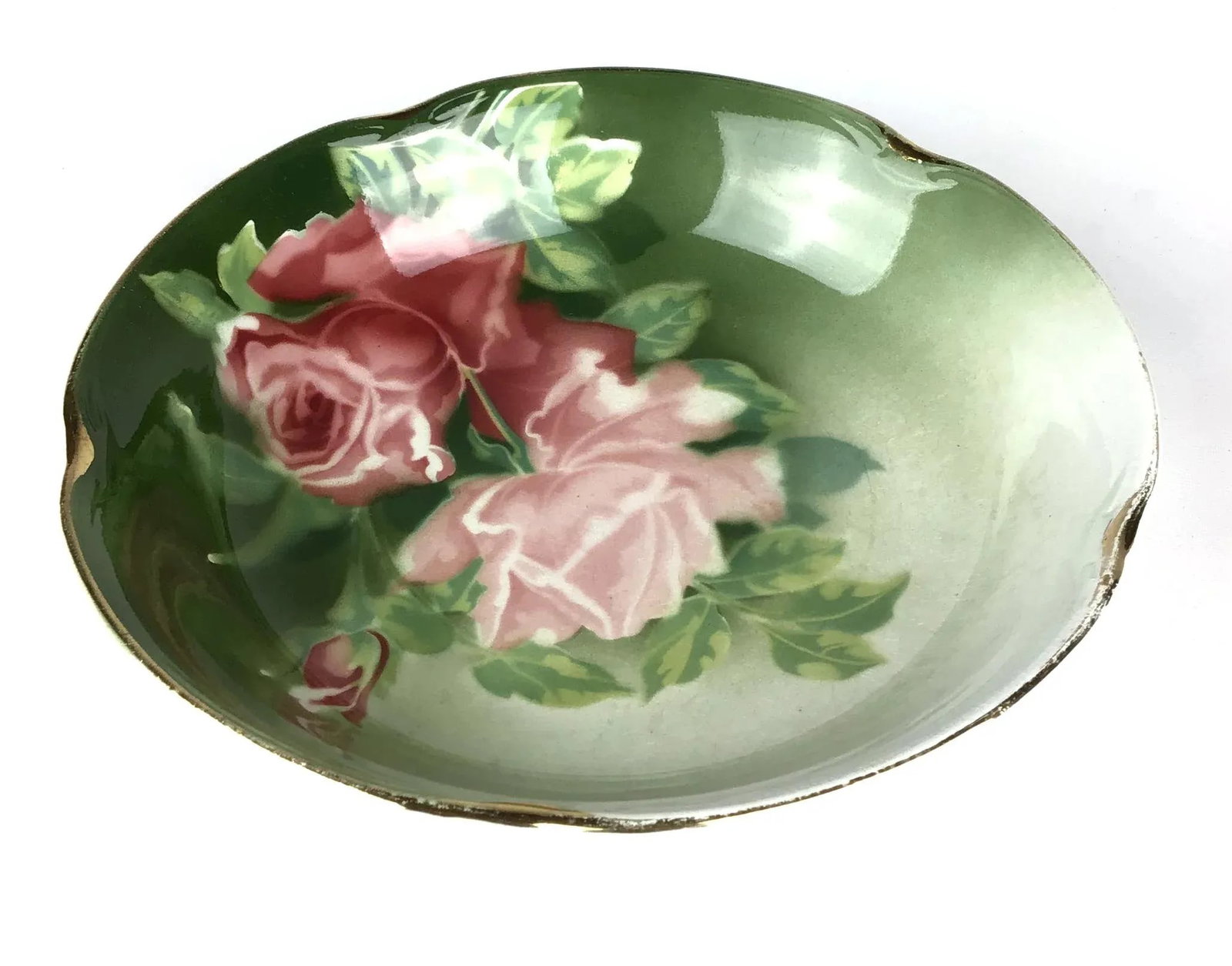 1800s Hand Painted Rose Pattern Serving Bowl - 2