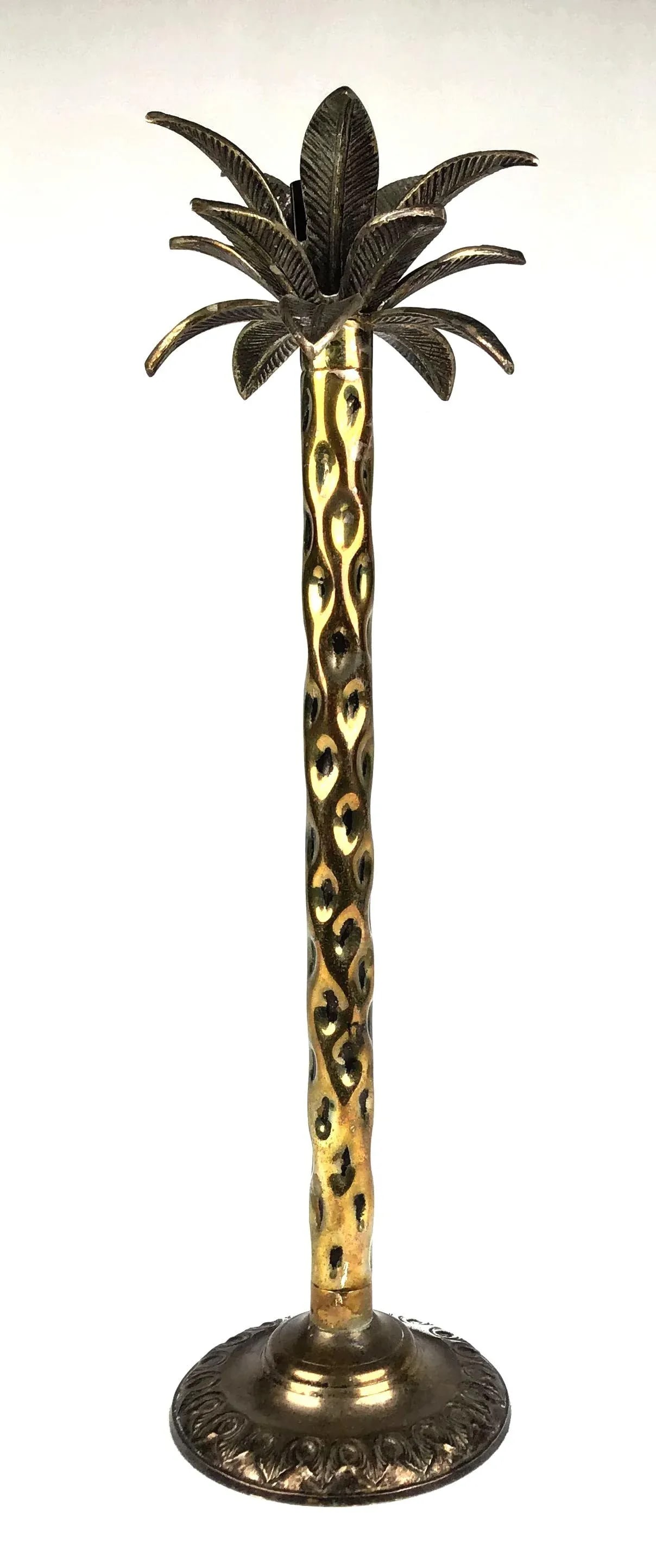 Tall Vintage Brass Nickel Plated Palm Tree Candle Holder - 11
