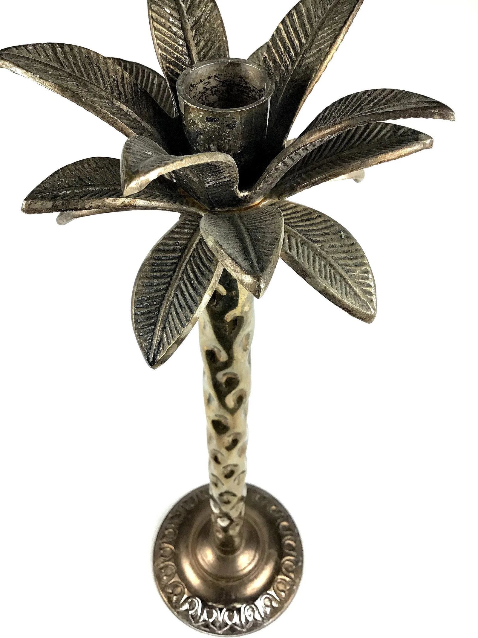Tall Vintage Brass Nickel Plated Palm Tree Candle Holder - 2