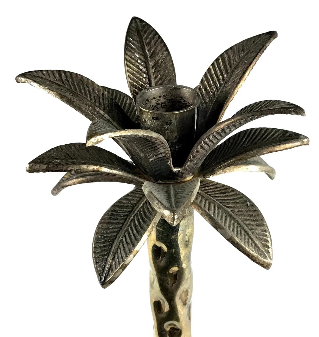 Tall Vintage Brass Nickel Plated Palm Tree Candle Holder - 5