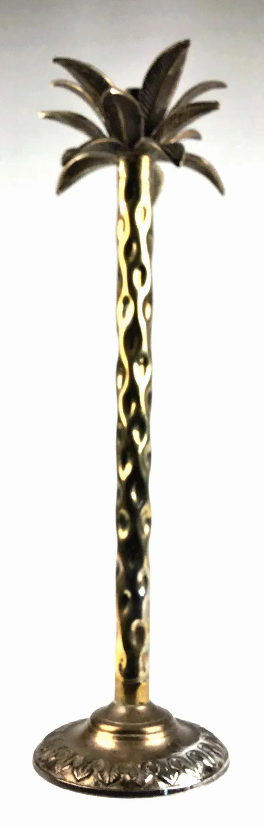 Tall Vintage Brass Nickel Plated Palm Tree Candle Holder - 6