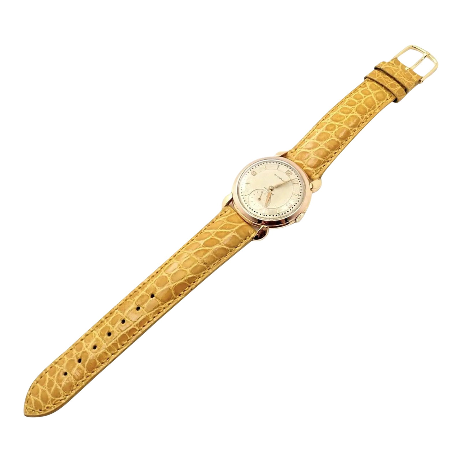 Movado 18k Yellow Gold Automatic Bumper Yellow Alligator Band Watch R8405: About This Piece: Metal: 18k Yellow Gold Case Case Dimensions: 32mm x 38mm Band: Aftermarket Yellow Alligator Band Movement Automatic Bumper Movado Movement Marked: Movado Automatic 18k 750 R8405