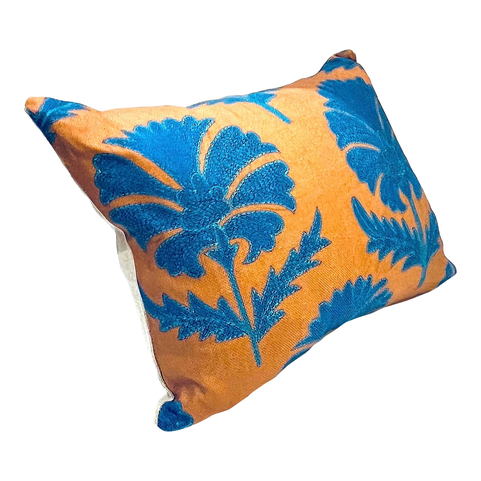 Cerulean Blue on Tan Suzani Pillow - Down Filled: Gorgeous Suzani pattern printed on heavyweight cotton/linen blend fabric in a range of cerulean "azure" blue, turquoise hues on a tan ground. Digital imagery taken from an antique piece of Uzbekistan