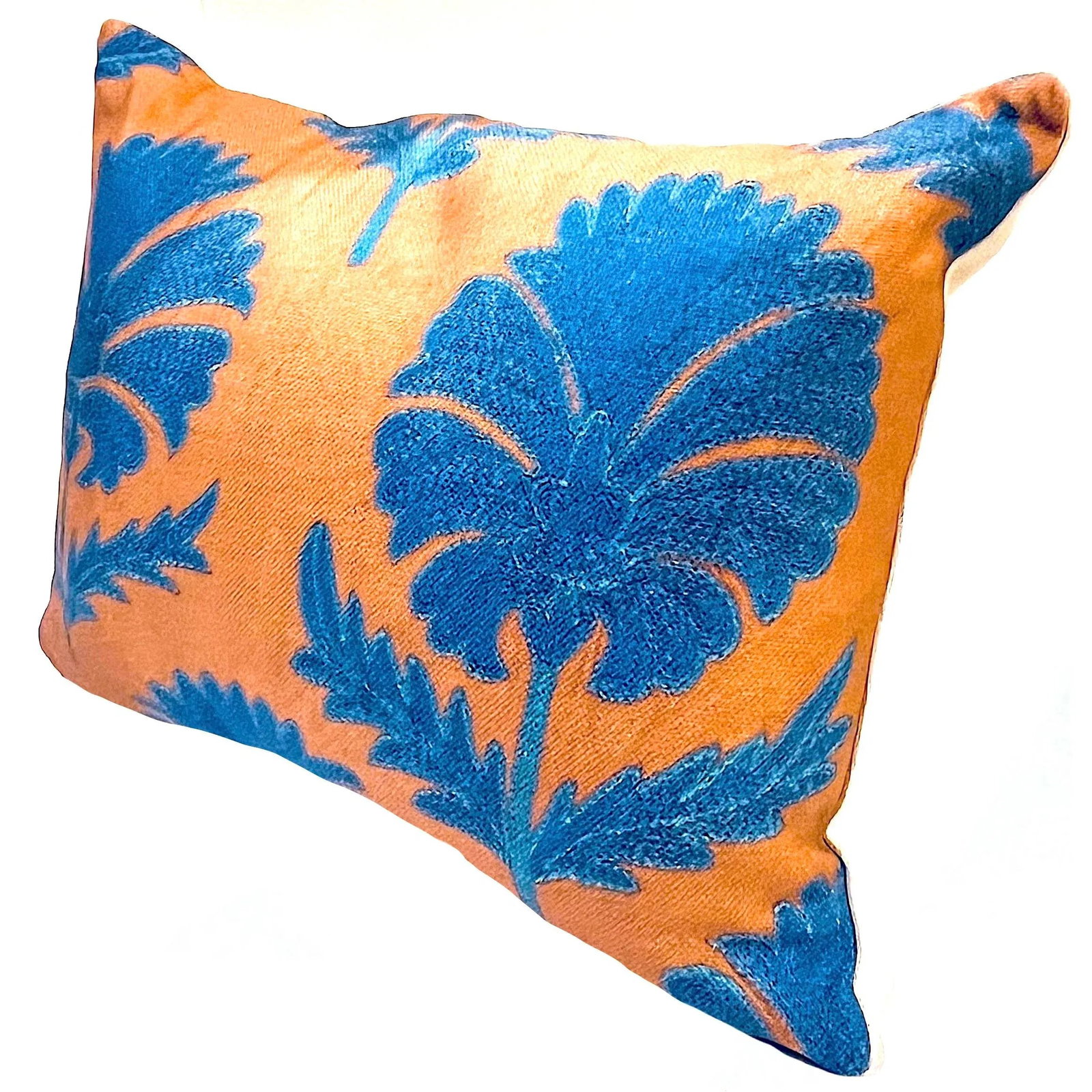 Cerulean Blue on Tan Suzani Pillow - Down Filled - 6