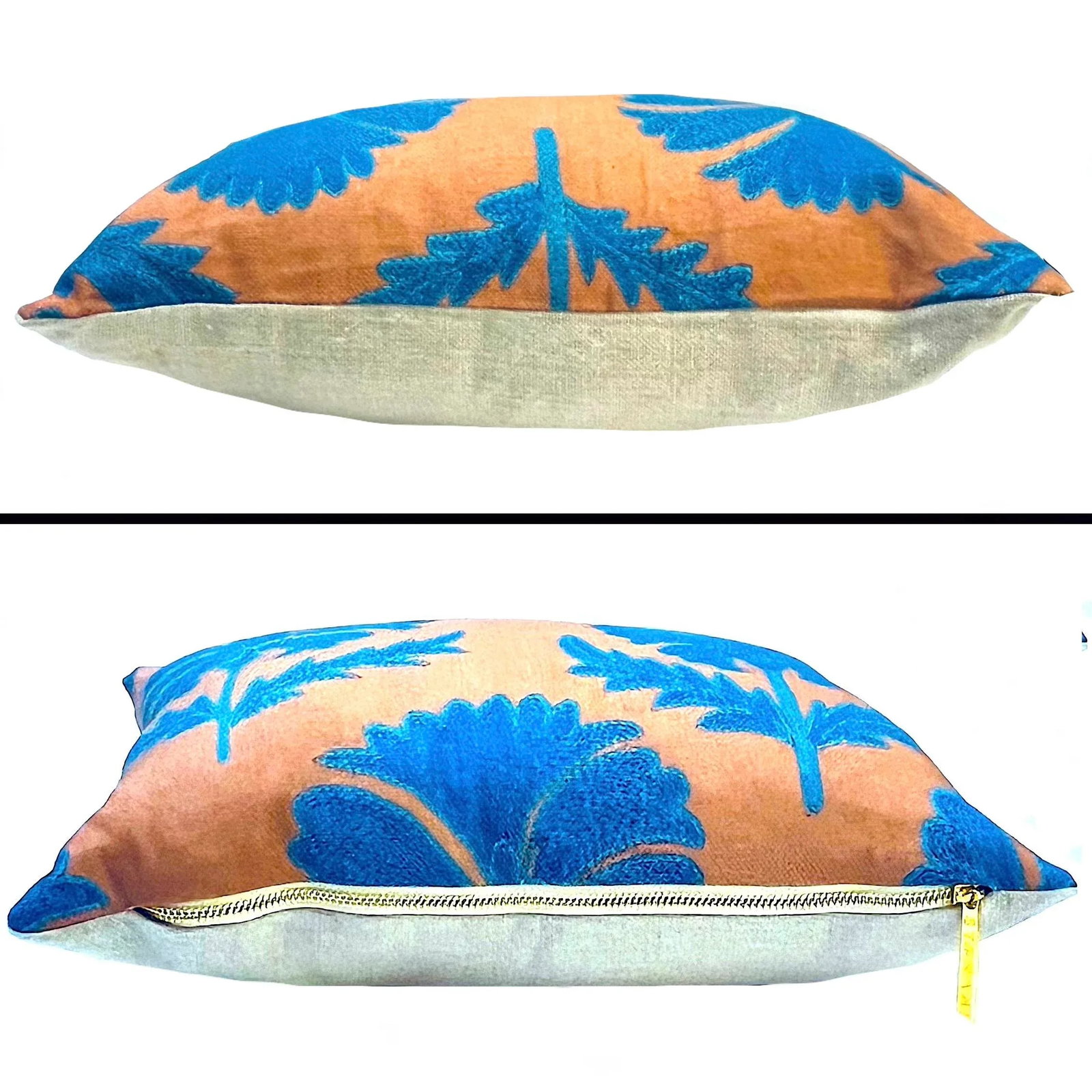 Cerulean Blue on Tan Suzani Pillow - Down Filled - 9