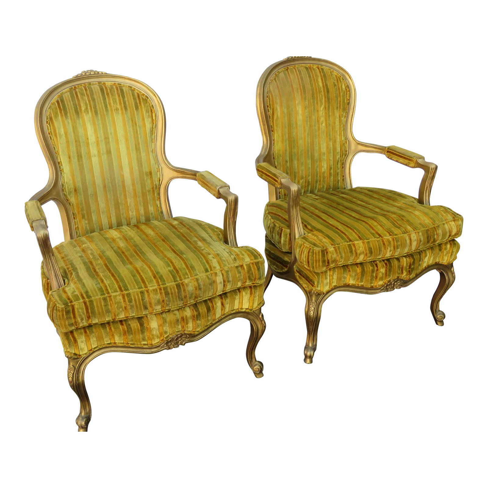 Modernage French Painted Gold Large Side Accent Chairs a Pair: This charming Pair of Chairs is made of wood, and fabric. These two chairs have exquisitely elegant French style; they feature classic large silhouettes, beautiful French style design details, and a