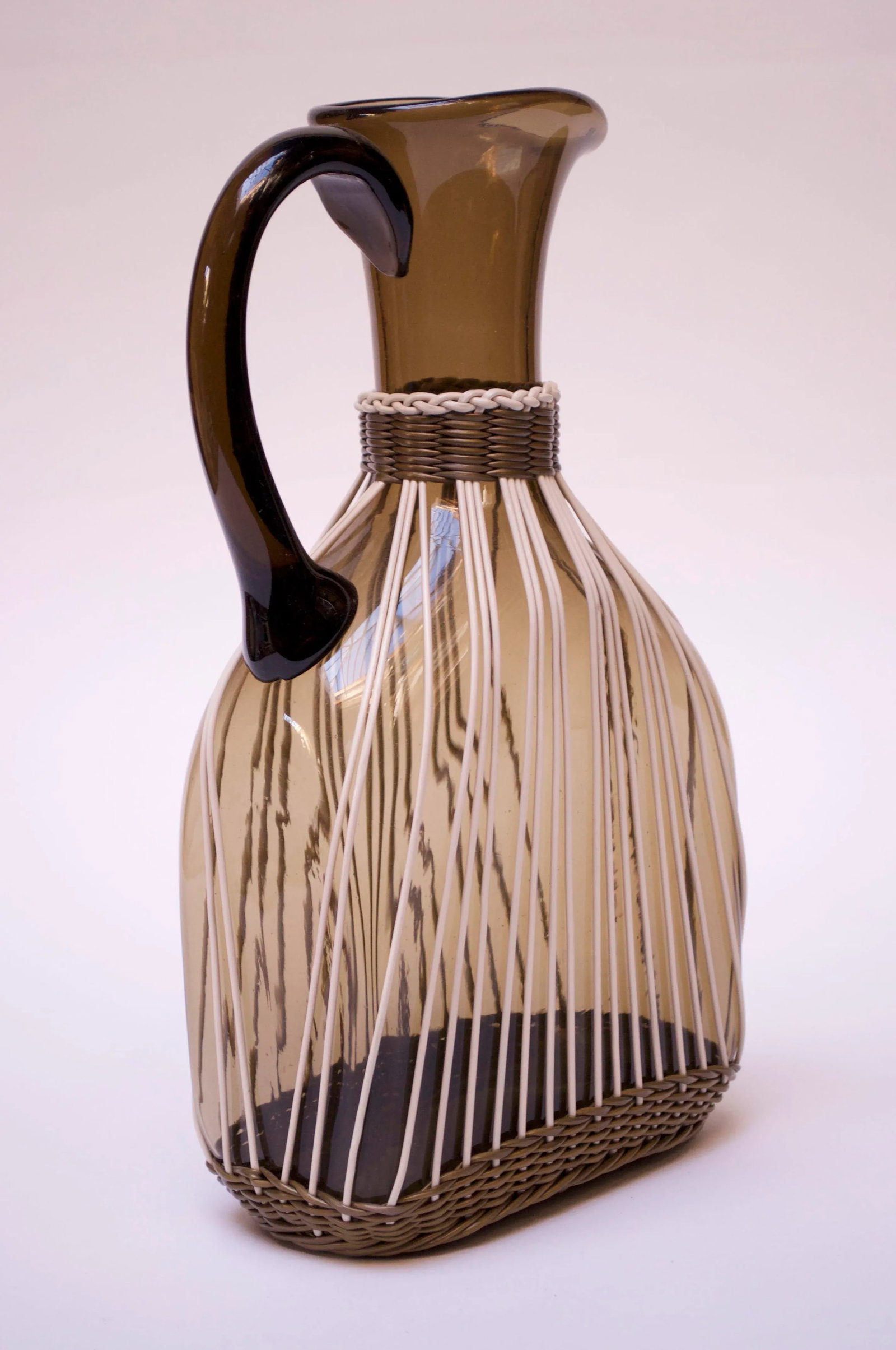 Large Italian Modern Blown Glass Pitcher With Woven Rubber Webbing - 13