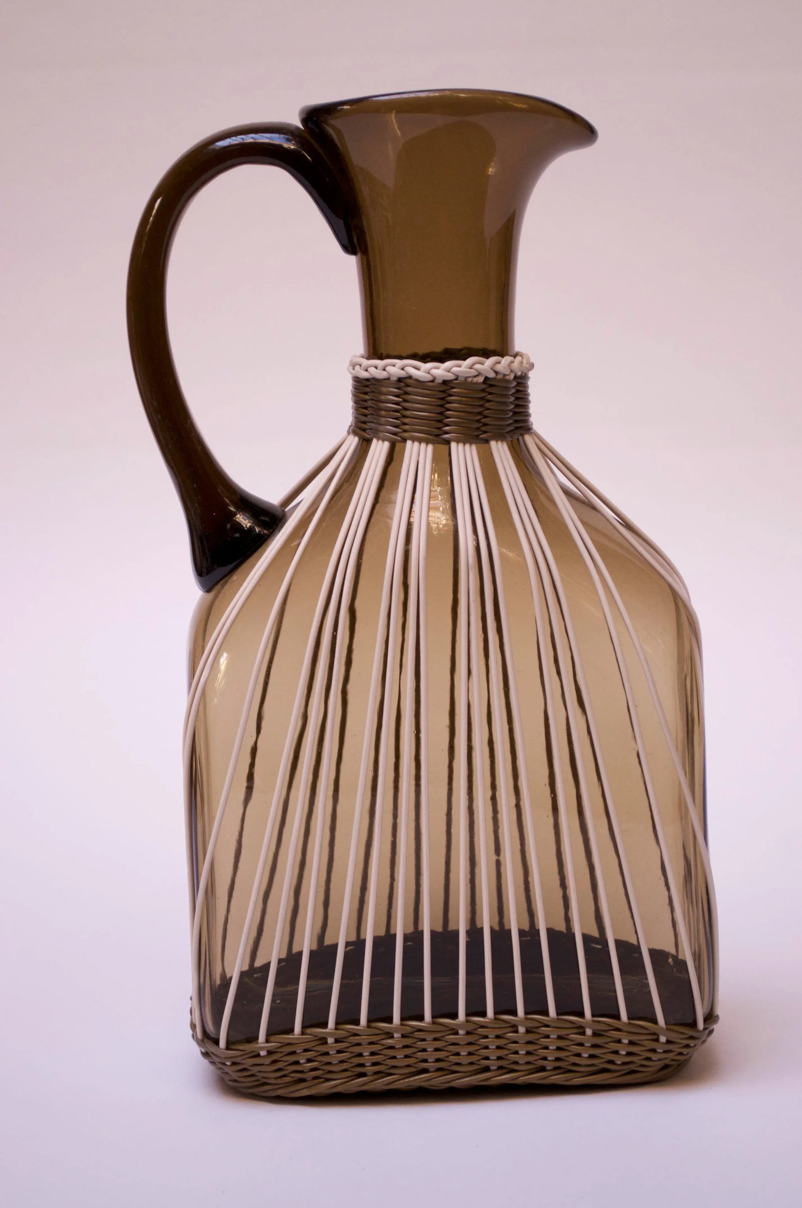 Large Italian Modern Blown Glass Pitcher With Woven Rubber Webbing - 2