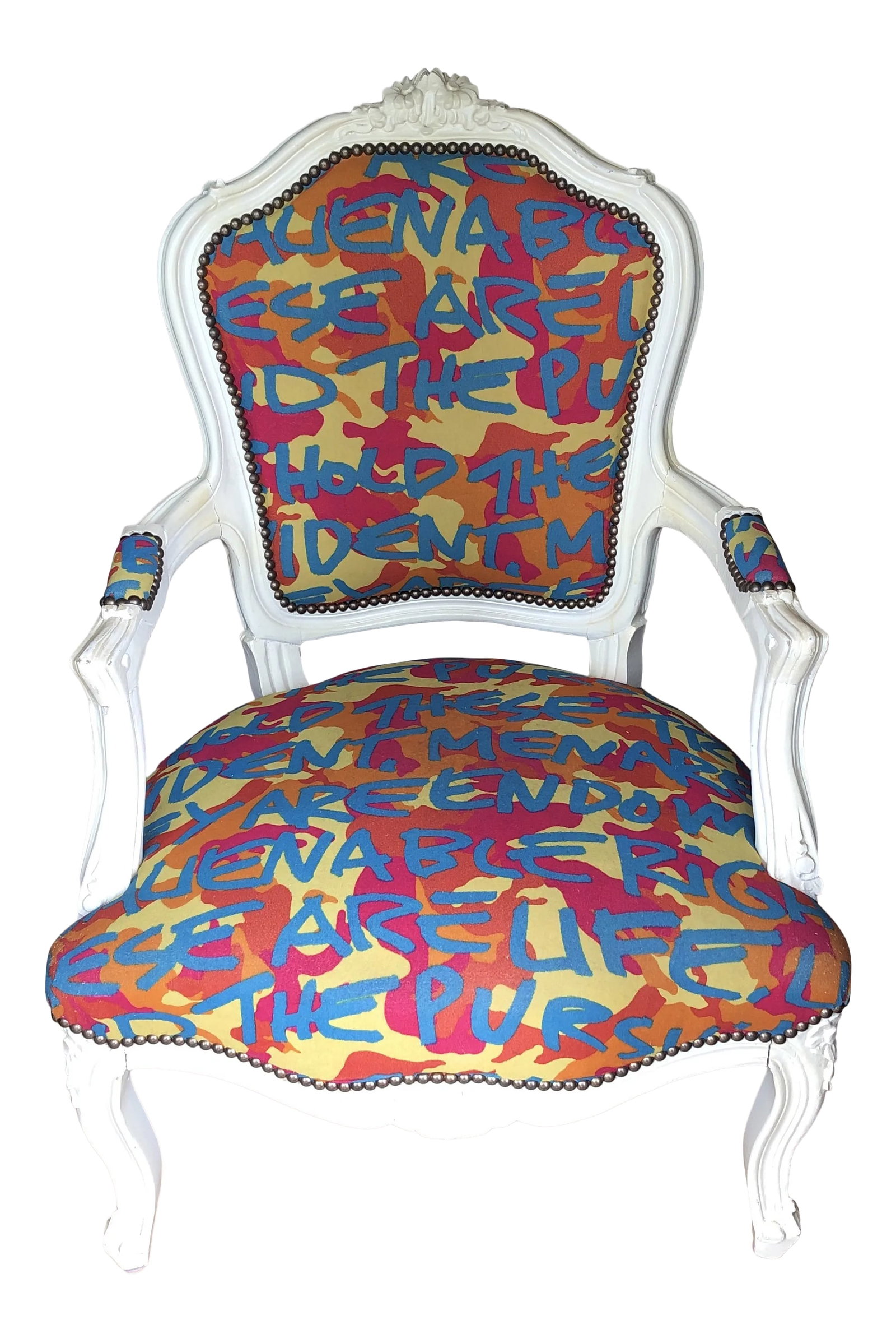 The Declaration of Independence Graffiti White Bergere Chair: Beautiful graffiti chair with details and hand carved accents. Perfect for the modern and antique lover. Parts of Declaration of Independence written on chair in textile. Condition: Alterations: Origi