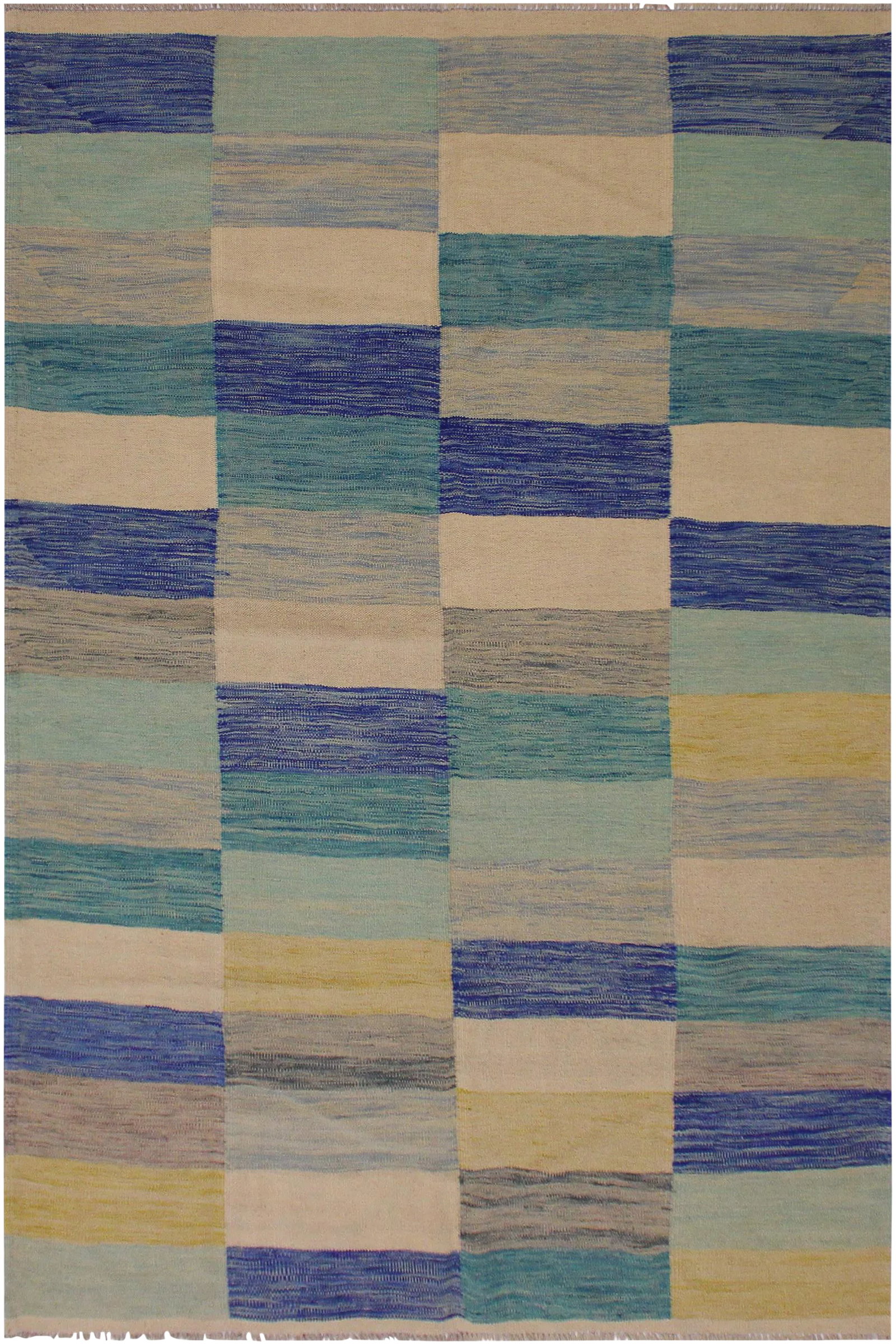 Abstract Tribal Hand-Woven Wool Kilim - 5'5'' * 7'10'': "Add a touch of elegance to your home with this casual chic hand woven Tribal Kilim wool rug. Constructed on a loom by Nomad Turkman people with hand spun wool and 100% Natural Vegetable dyes these be