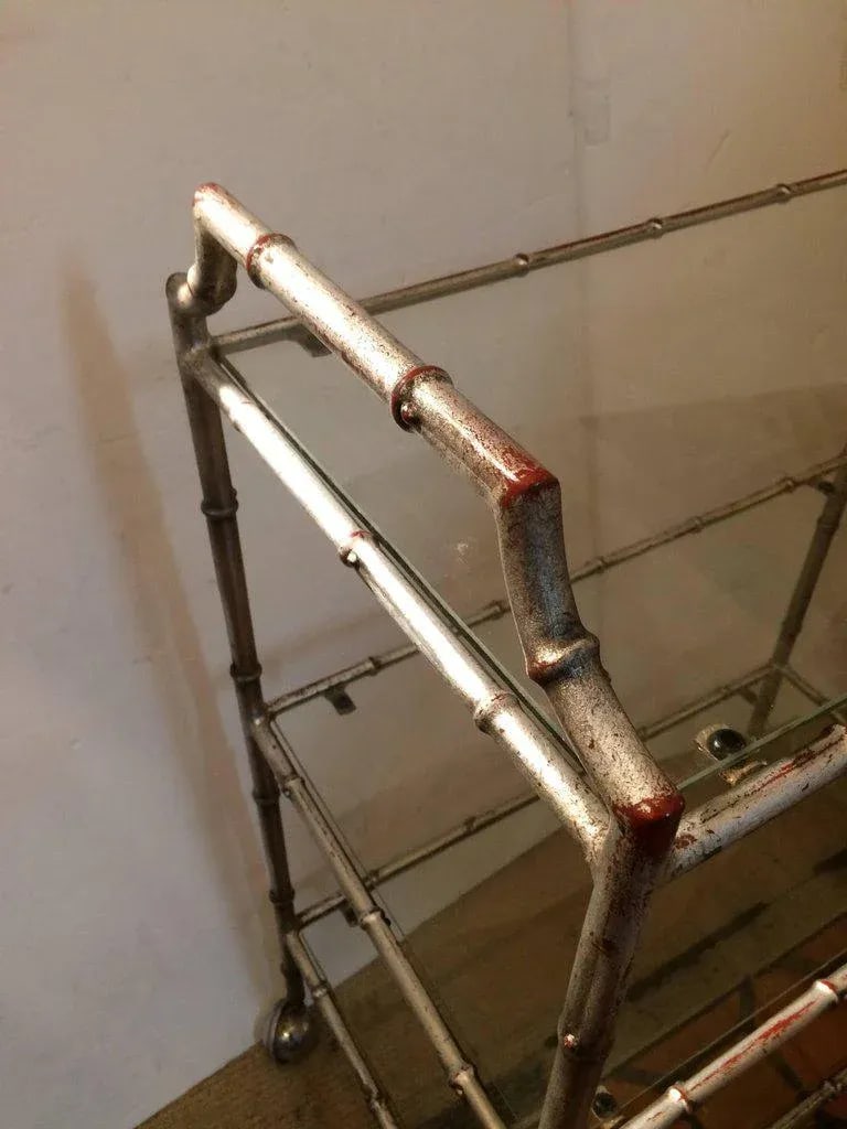 1960s Hollywood Regency Faux Bamboo Silverleaf Bar Cart - 3