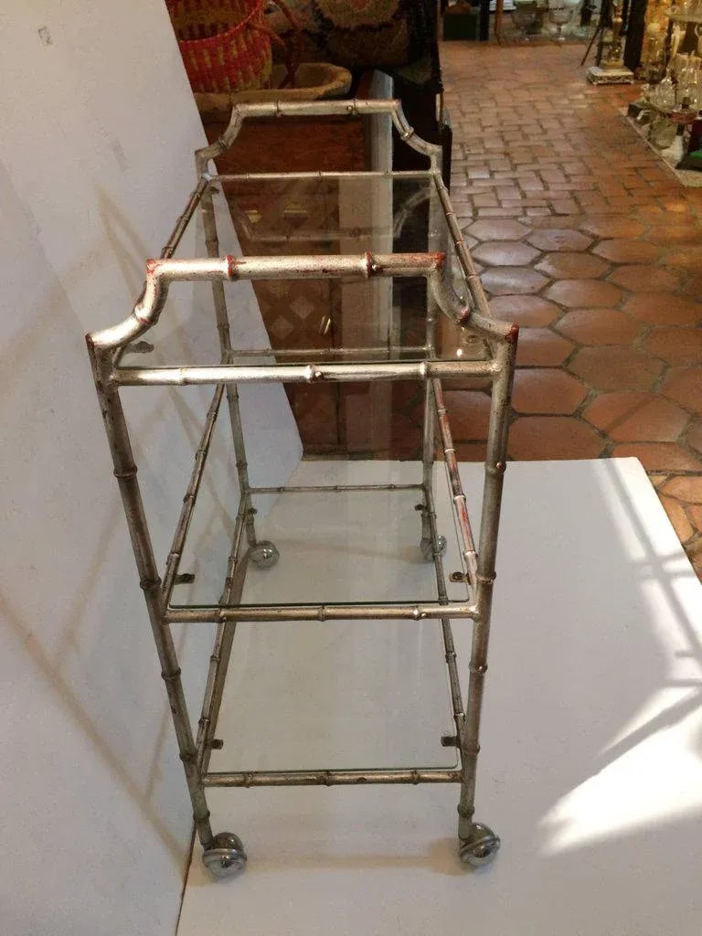 1960s Hollywood Regency Faux Bamboo Silverleaf Bar Cart - 4