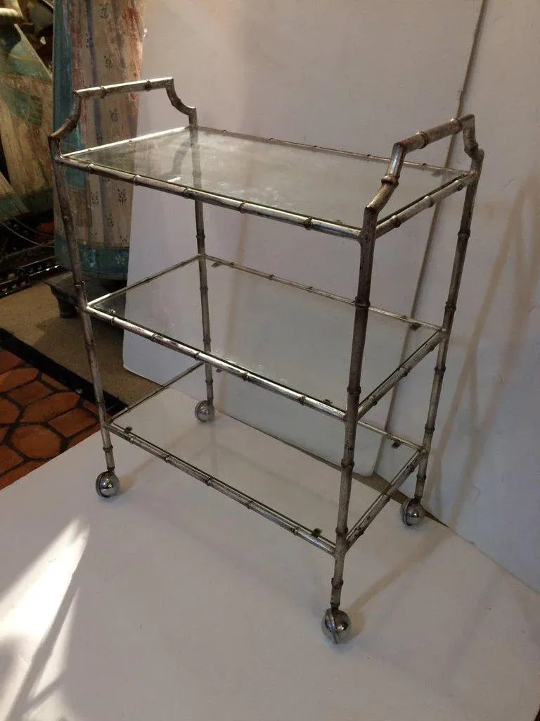 1960s Hollywood Regency Faux Bamboo Silverleaf Bar Cart - 5