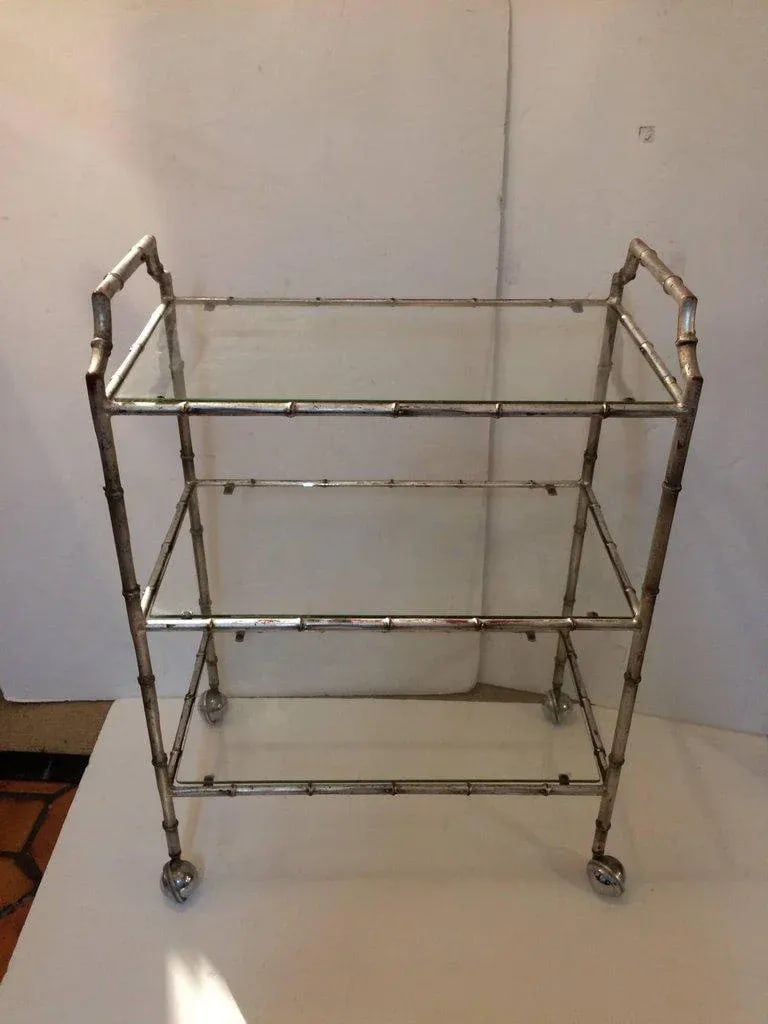 1960s Hollywood Regency Faux Bamboo Silverleaf Bar Cart - 6