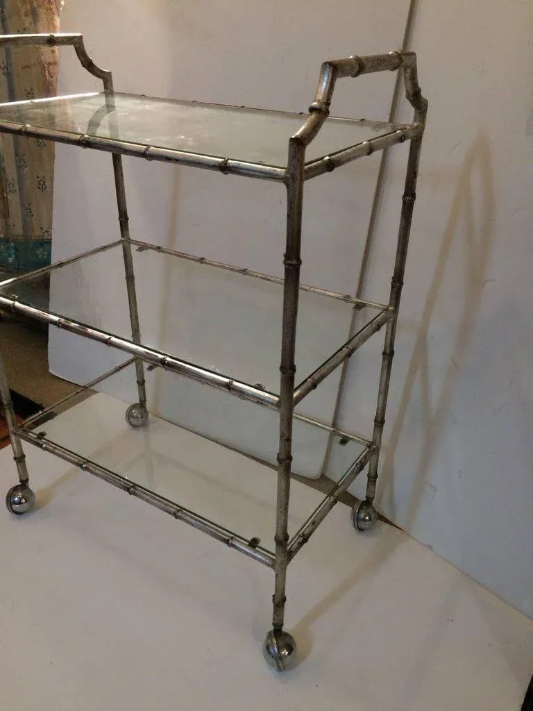 1960s Hollywood Regency Faux Bamboo Silverleaf Bar Cart - 7