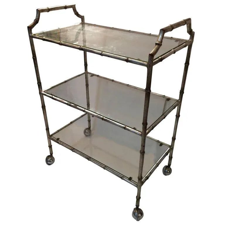 1960s Hollywood Regency Faux Bamboo Silverleaf Bar Cart - 8