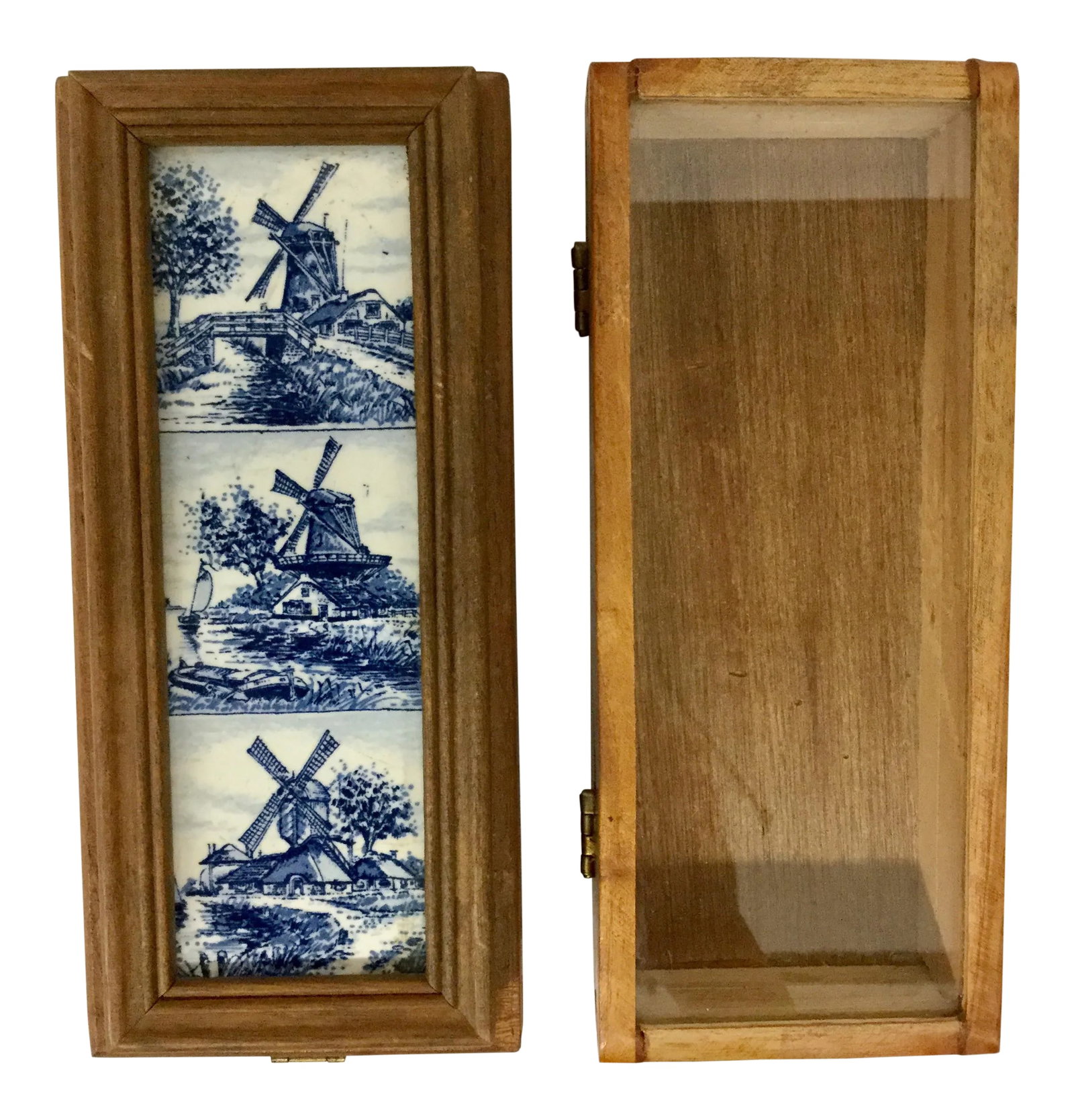 1960 English Traditional Cigar Boxes With Delftware Tile & Glass -a Pair: These are so cool. We love the hand painted delftware tile on the first box. The hinge is made in Germany. Not sure where the cigars came from. The glass top box with the dovetail corners is from Cuba