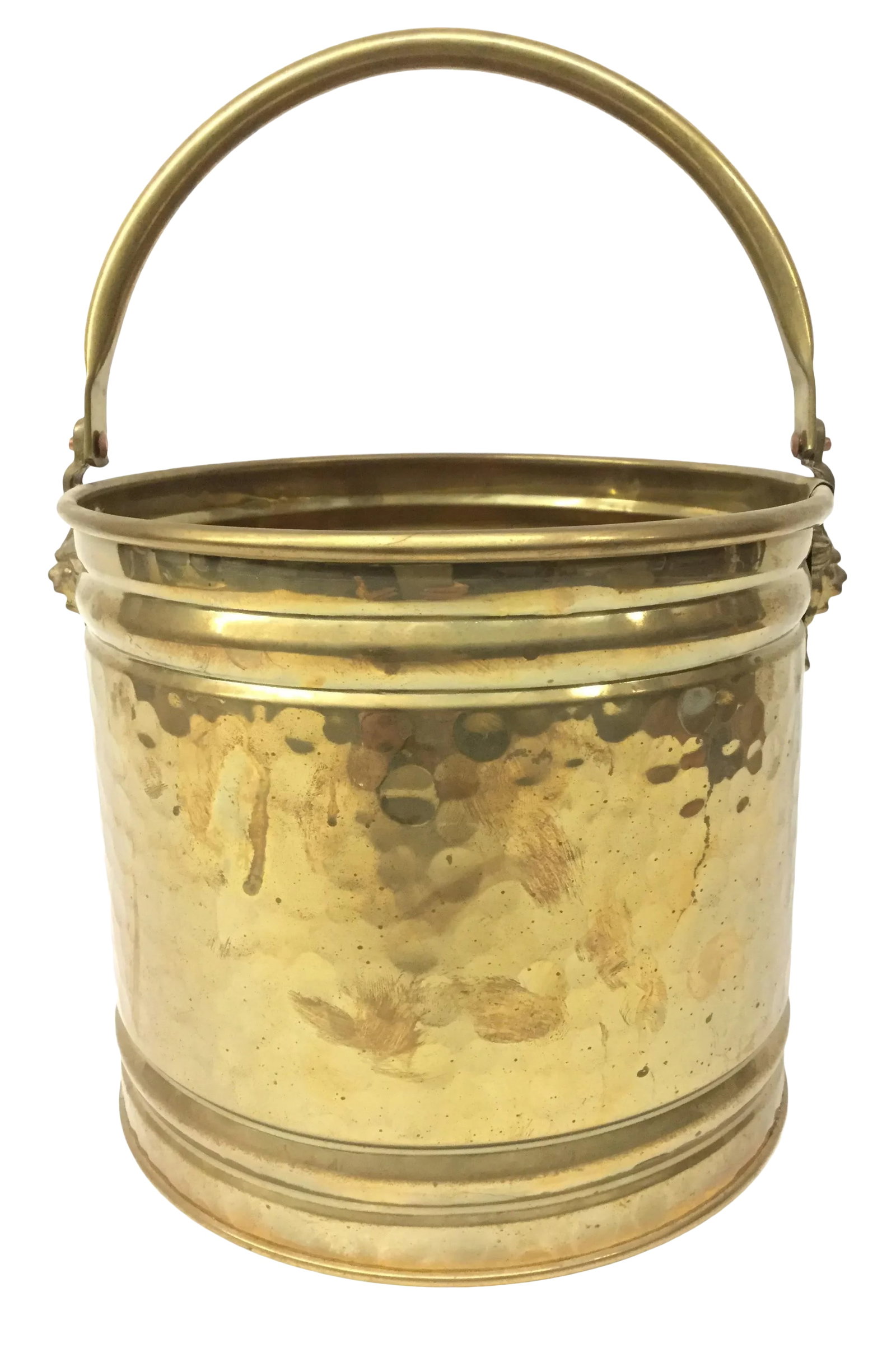 1970s Hollywood Regency Brass Lion-Head Planter: Very cool brass pot with lion head details and hammered finish. The movable handle makes it extra special. Made in Morocco. I did not attempt to polish it as I usually leave that up to the new owner.