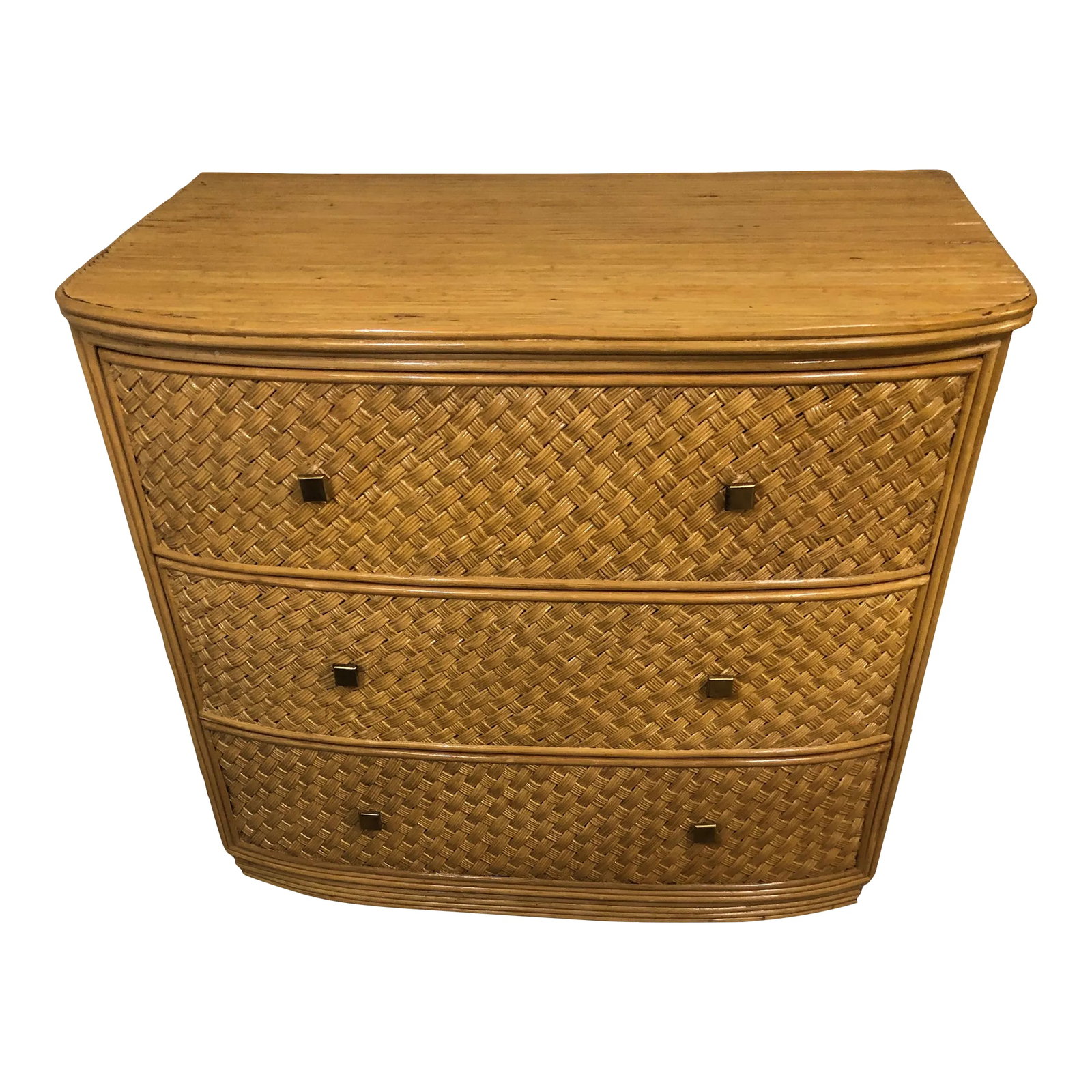 Woven Bamboo Rattan Chest of Drawers Commode: Stylish medium sized vintage chest of drawers made of bamboo and lacquered woven rattan having 3 drawers. Exterior drawer height: 8 1/4" Interior drawer height: 6 3/8" Condition: Alterations: