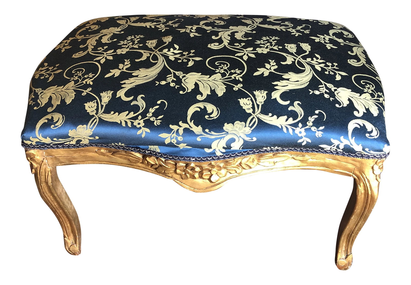 1940s Vintage Peacock Blue and Gold Gilded Bench: Beautiful blue bench with scrolling details and Gilded wood. Condition: Alterations: Original Condition Unaltered Imperfections: Some Imperfections Condition Notes: In Perfect condition. Materials