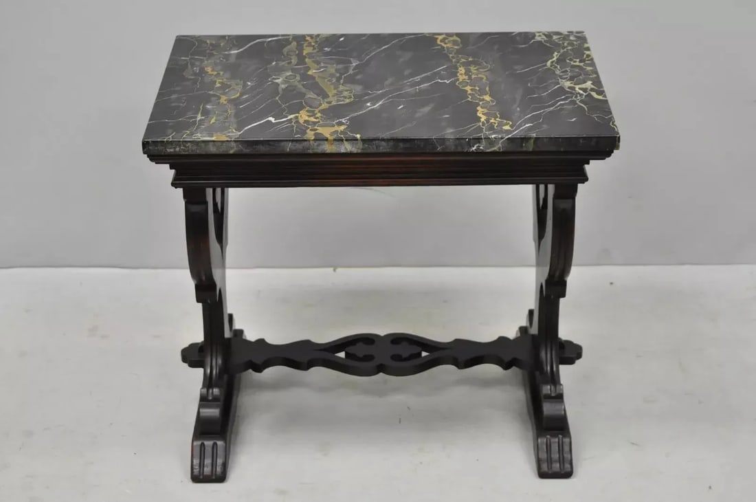 Antique Renaissance Style Carved Walnut Marble Top Side Table From Bloomingdales - 2