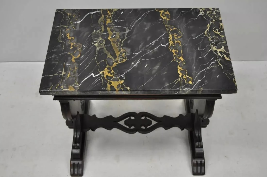 Antique Renaissance Style Carved Walnut Marble Top Side Table From Bloomingdales - 4
