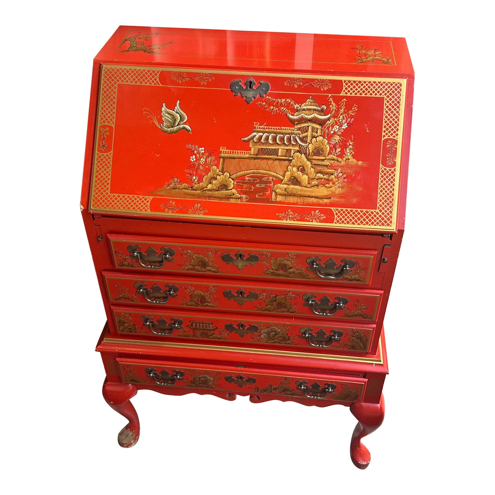 1970s Bright Red Asian Wooden Secretary: Up for consideration is a beautiful bright red Asian style secretary desk. This would look lovely in your home and it is a great find for the interior design enthusiast. Please check out my other list
