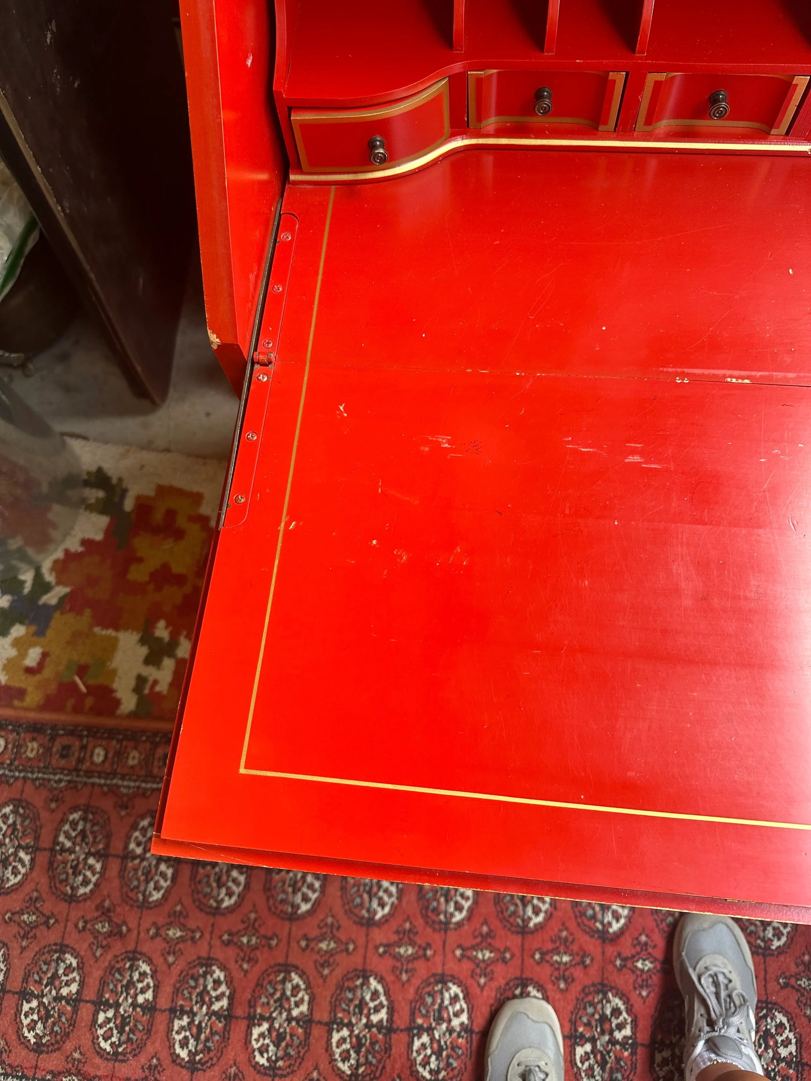 1970s Bright Red Asian Wooden Secretary - 3