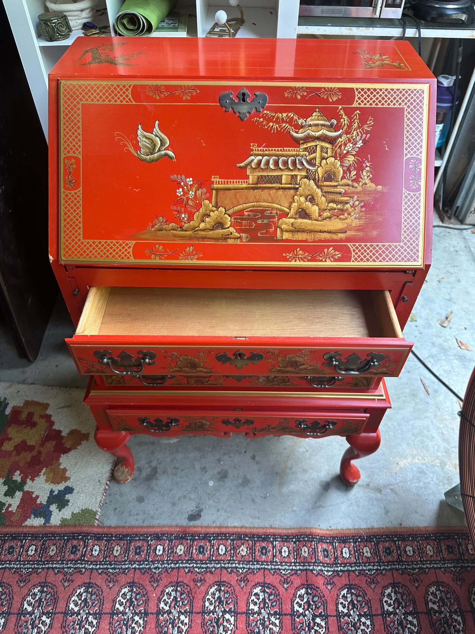 1970s Bright Red Asian Wooden Secretary - 4