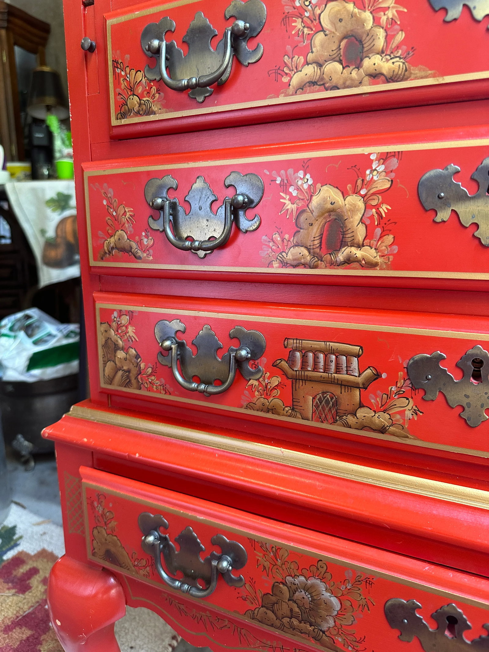 1970s Bright Red Asian Wooden Secretary - 9