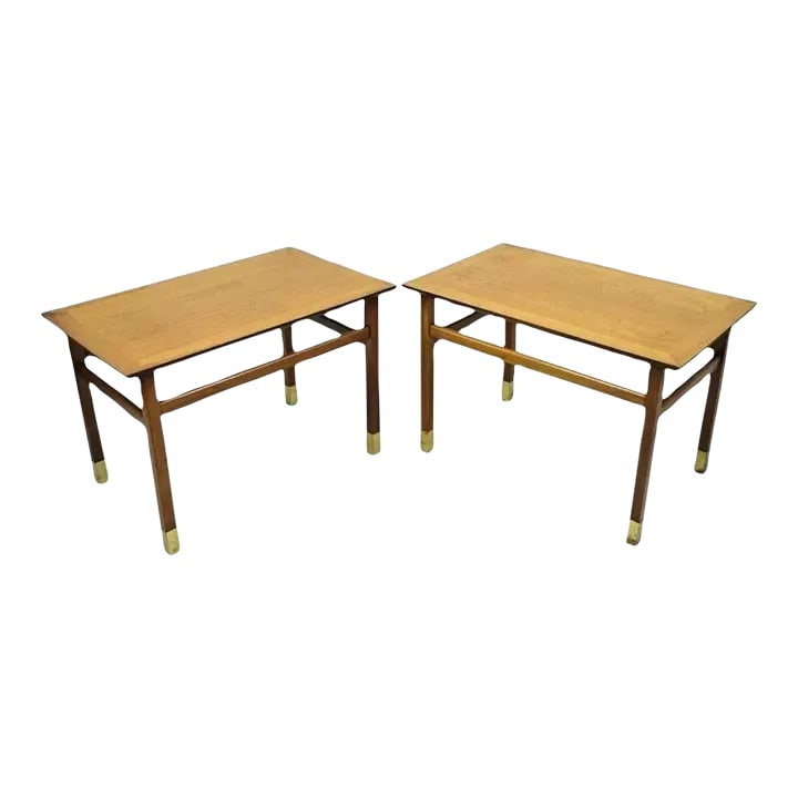 Mid 20th Century Mid Century Modern Walnut & Brass American of Martinsville End Tables - a Pair: Pair of Mid Century Modern Walnut & Brass American of Martinsville End Tables. Item features brass capped feet, banded tops, stretcher base, solid wood frame, beautiful wood grain, clean modernist lin