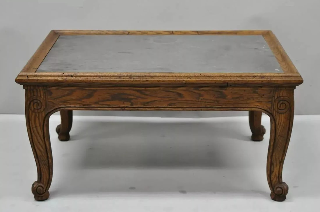 Henredon Town & Country French Style Carved Oak Wood Slate Top Low Accent Table - 2