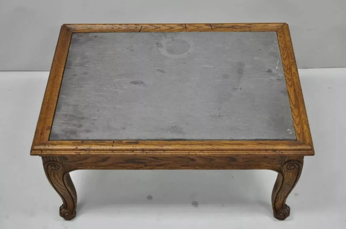 Henredon Town & Country French Style Carved Oak Wood Slate Top Low Accent Table - 4