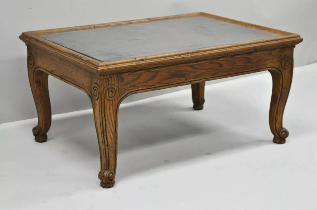 Henredon Town & Country French Style Carved Oak Wood Slate Top Low Accent Table - 9