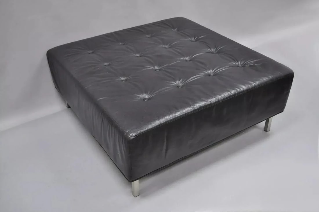 Thayer Coggin Modern Barcelona Style Black Tufted Leather Square Ottoman - 11