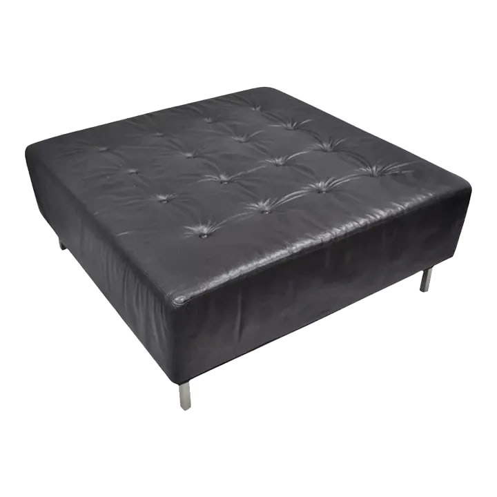 Thayer Coggin Modern Barcelona Style Black Tufted Leather Square Ottoman: Thayer Coggin Modern Barcelona Style Black Tufted Leather 40" Square Ottoman. Circa Early 21st Century. Measurements: 16" H x 40" W x 40" D. Condition: Alterations: Original Condition Unaltered